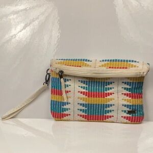 Roxy Canvas Wristlet Clutch in Cream with Blue, Red & Yellow Pattern